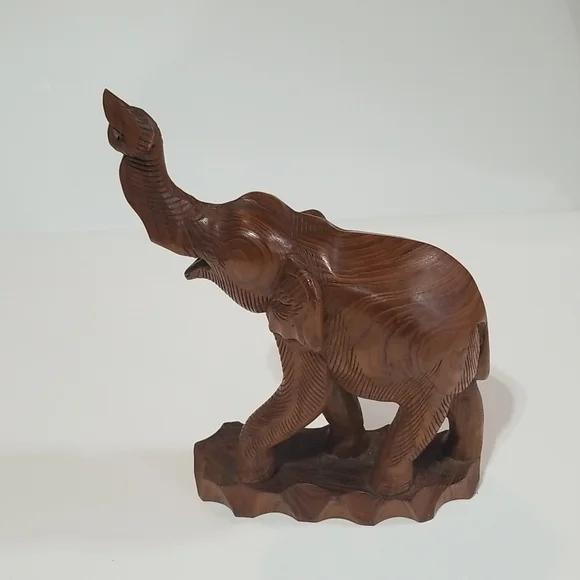 VINTAGE 14" Wooden Chunky Trunks Up Elephant on Attached Base - Picture 1 of 11